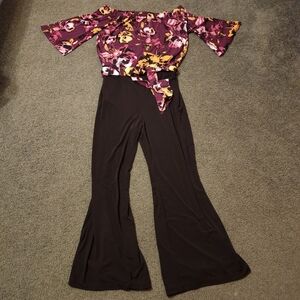 Susan Graver Women 1X Purple Floral Knit Belted Off The Shoulder Jumpsuit